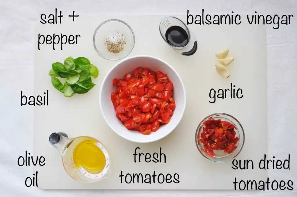 tomato mixture ingredients all laid out in an aerial shot