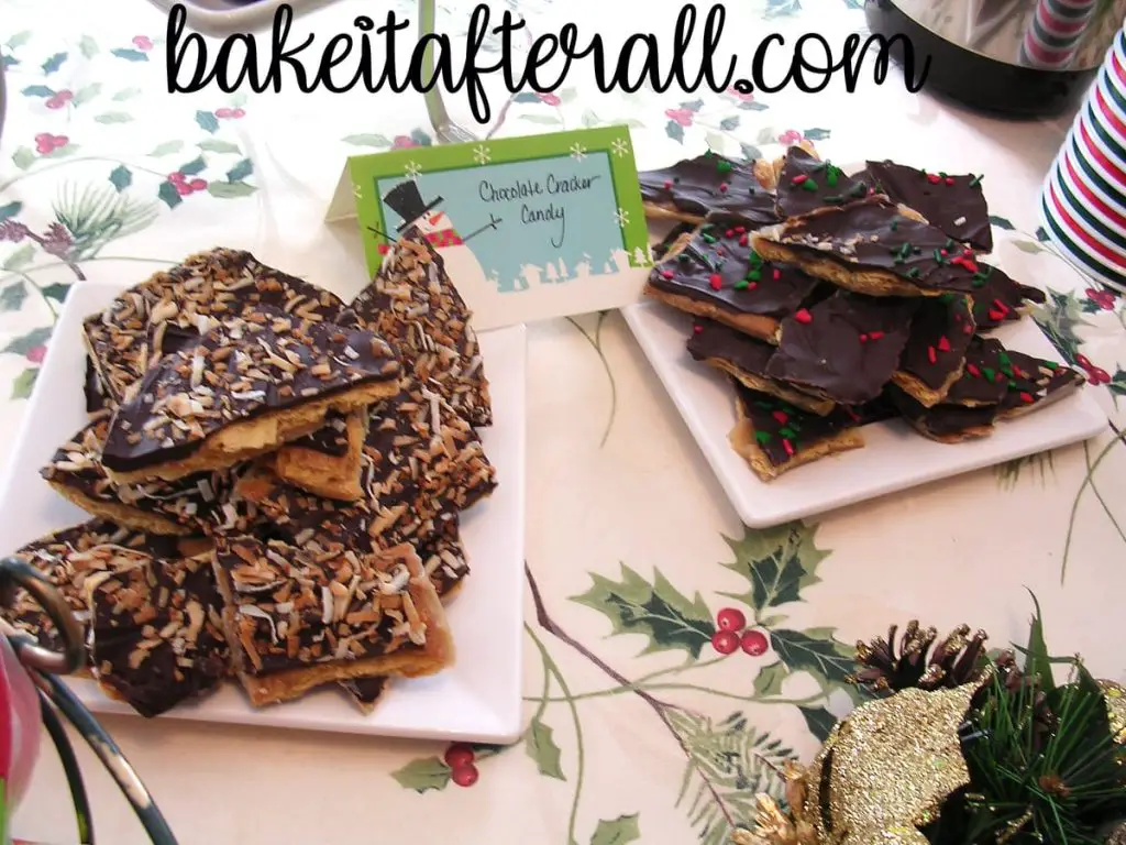 chocolate cracker candy on plates of holiday dessert table for 10 Best Holiday Dessert Recipes for a Holiday Open House