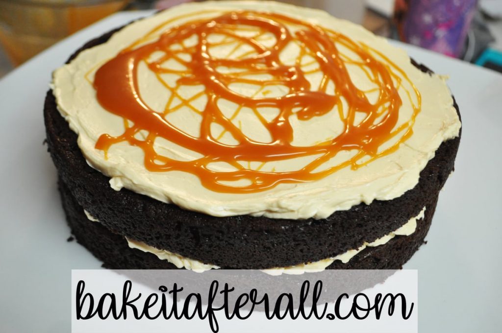 chocolate cake with salted caramel swiss meringe buttercream and salted caramel sauce