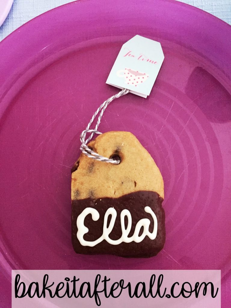 espresso chocolate chip shortbread cookie teabag shaped name card