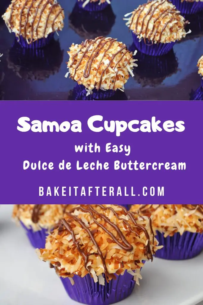 pin for samoa cupcakes with easy dulce de leche buttercream
