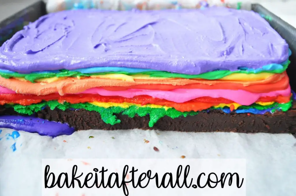rainbow ice cream layers on brownie base for Rainbow Brownie Ice Cream Sandwiches