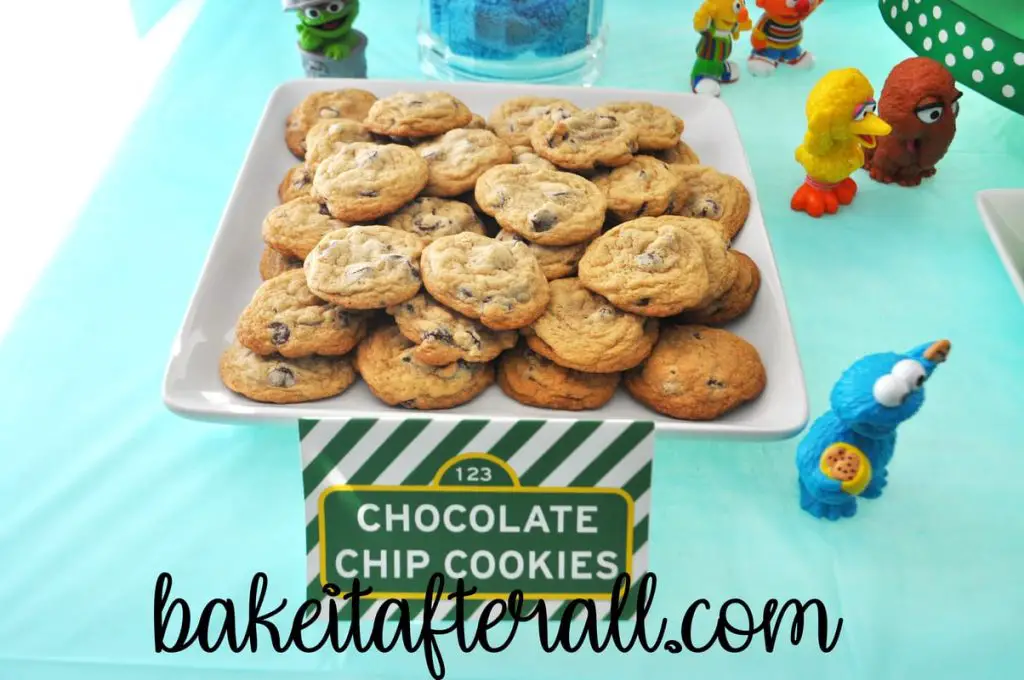 plate of chocolate chip cookies on Sesame Street Birthday Party dessert table