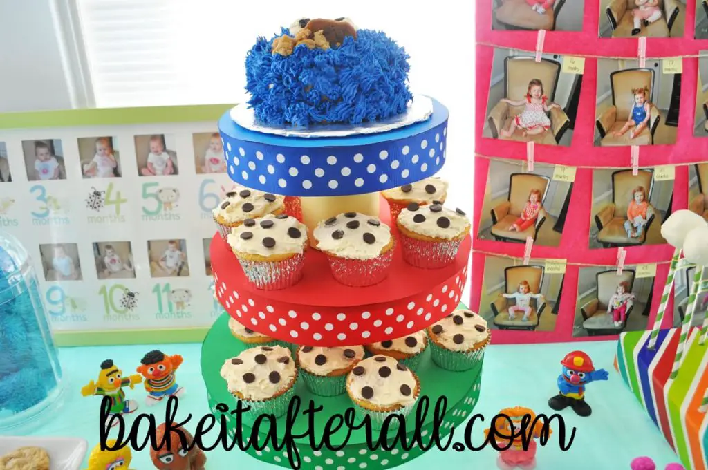 DIY Cupcake Stand with Chocolate Chip Cookie cupcakes and cookie monster cake