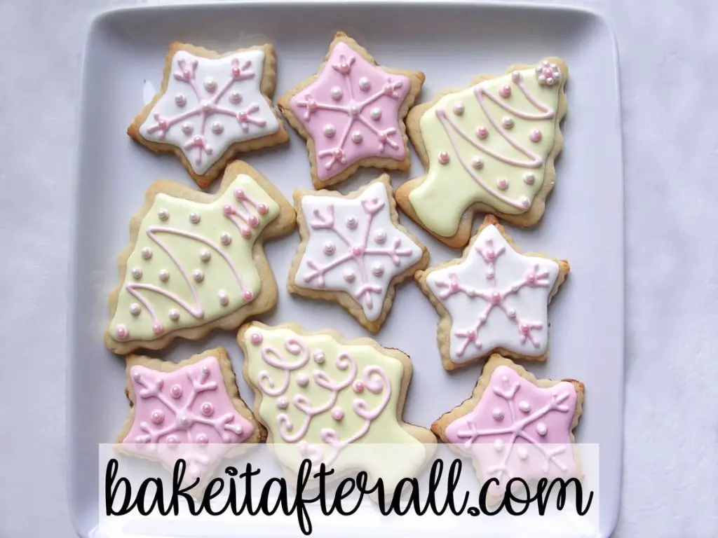 Pastel Christmas Cookies decorated with royal icing