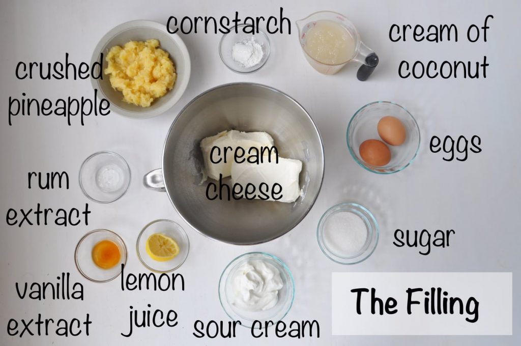 cheesecake filling ingredients laid out on flat surface and labeled