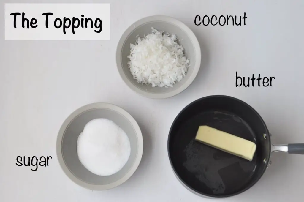cheesecake topping ingredients laid out on a flat surface and labeled