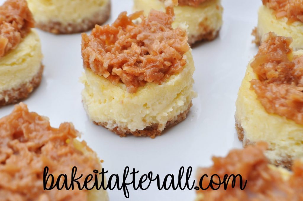 mini pina colada cheesecakes with candied coconut topping
