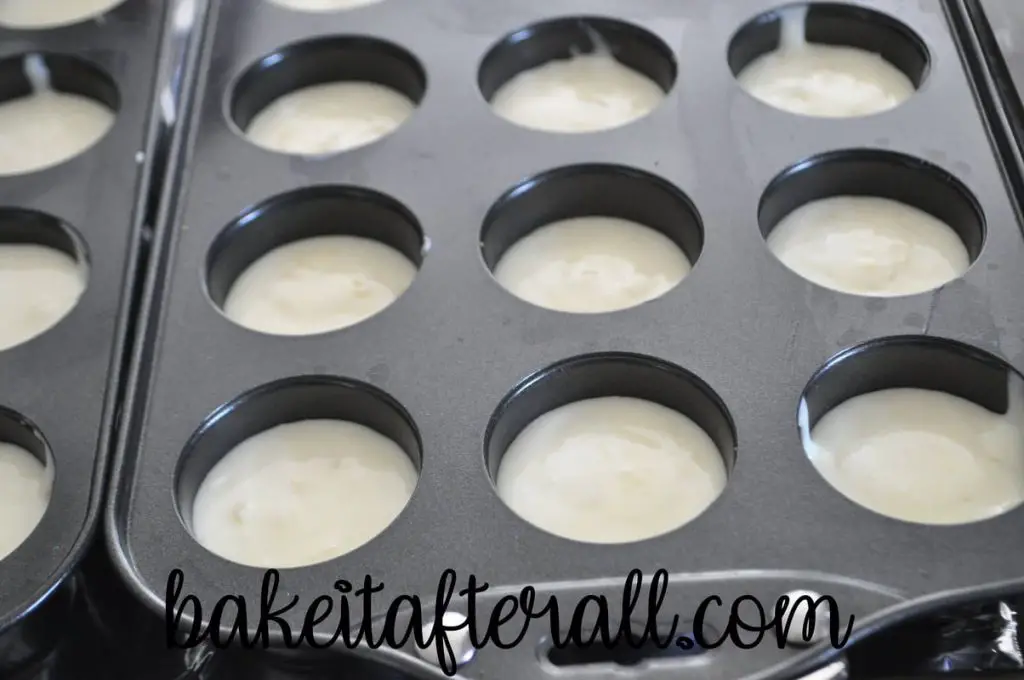 mini cheesecake pans filled with pina colada cheesecake batter