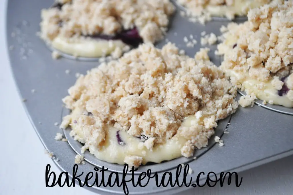 muffin batter with streusel topping before baking