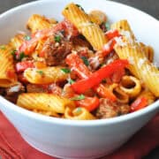 Turkey Sausage and Peppers rigatoni in a white bowl