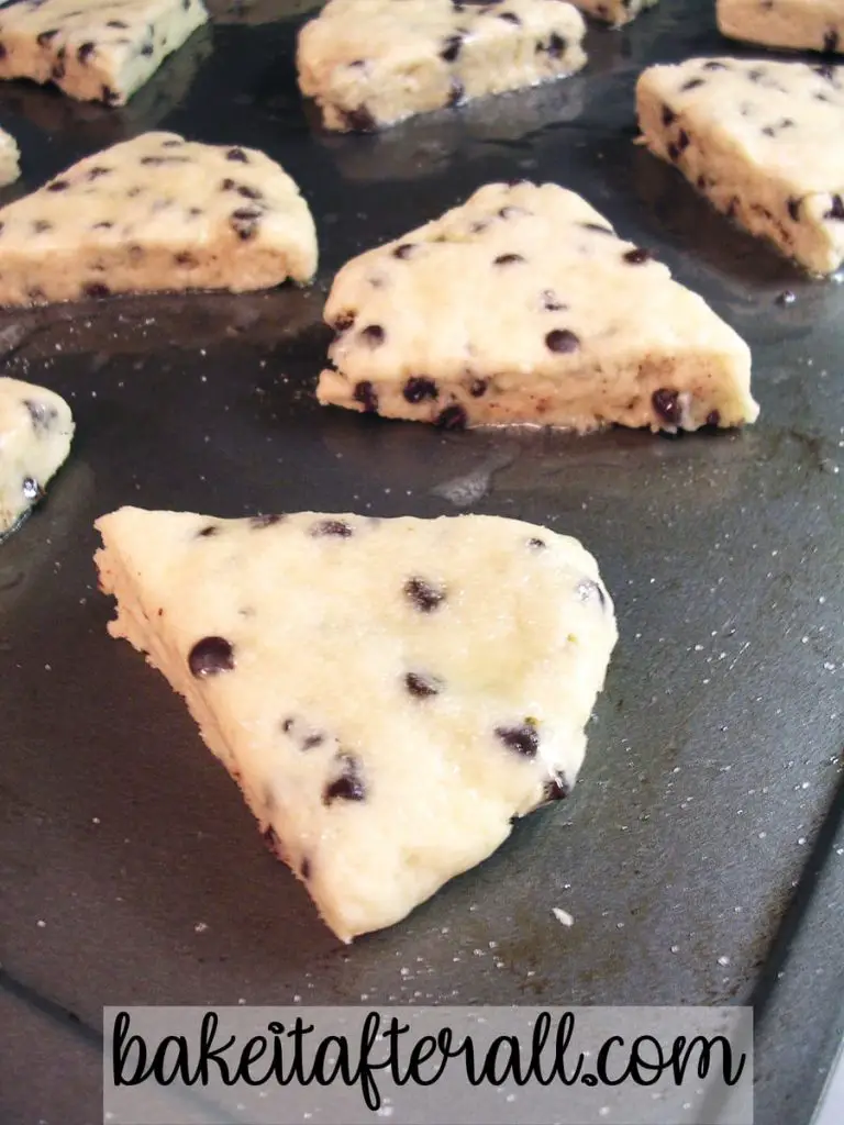 Dark Chocolate Chip Scones unbaked on a baking sheet