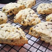 dark chocolate chip scones on a wire rack