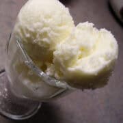 scoops of French Vanilla Ice Cream in a glass dish