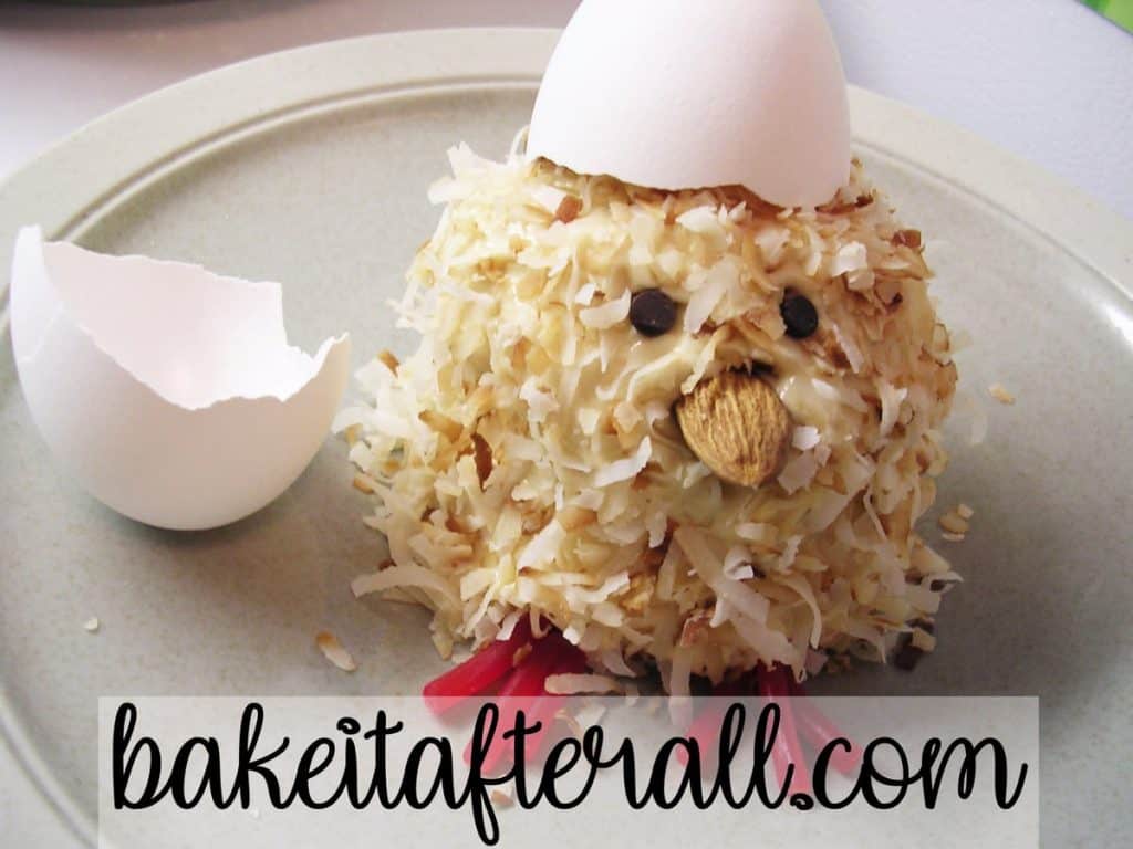 spring chick cupcake with an egg shell on its head