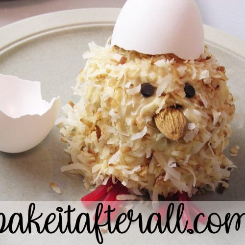 spring chick cupcake with an egg shell on its head