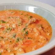 creamy tomato basil and Italian turkey sausage soup in a bowl
