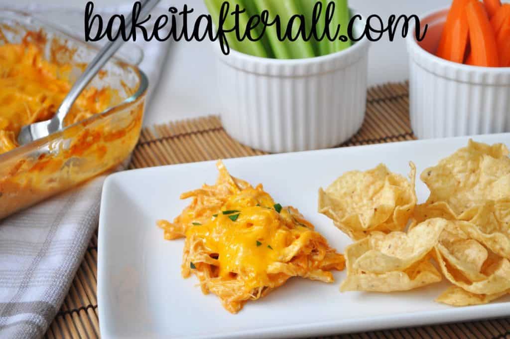 Buffalo Chicken Dip  on a plate with tortilla chips