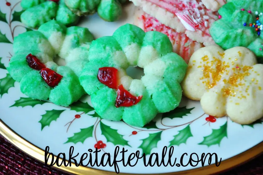 close up of wreath spritz cookie