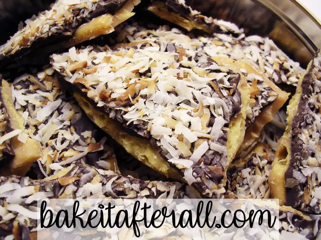 Chocolate Cracker Candy with toasted coconut on top