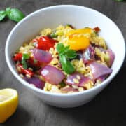 Roasted Vegetable Orzo in a white bowl on a black wood surface