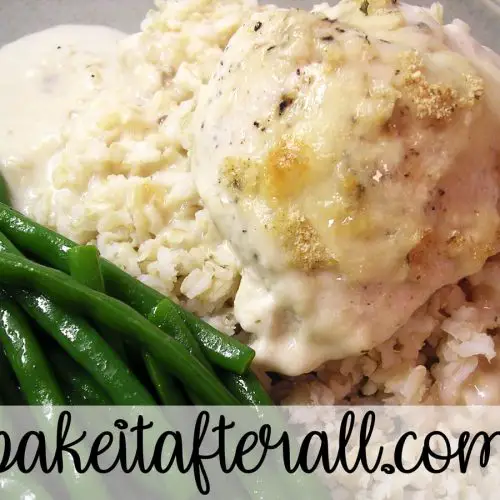 Swiss Cheese Sour Cream Chicken Bake over rice with green beans on the side