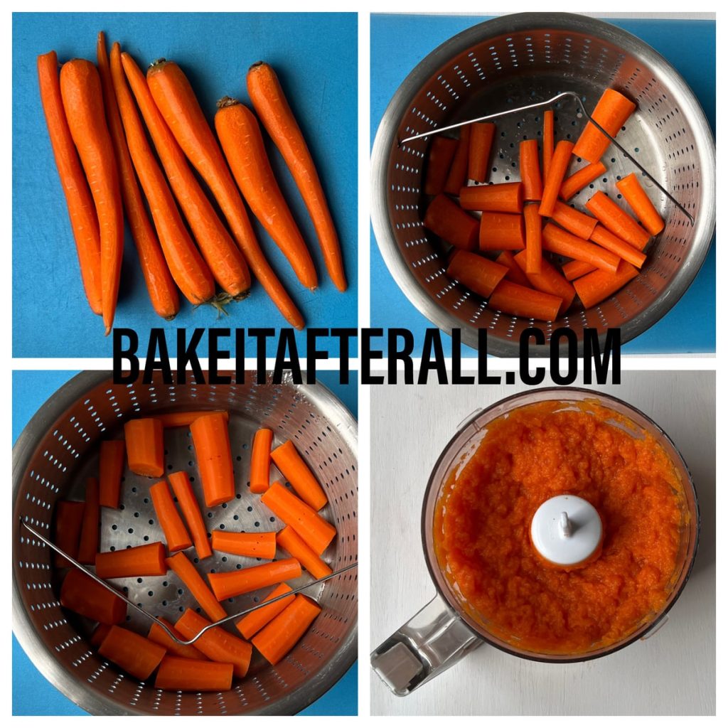 4 photos showing carrots being steamed and pureed