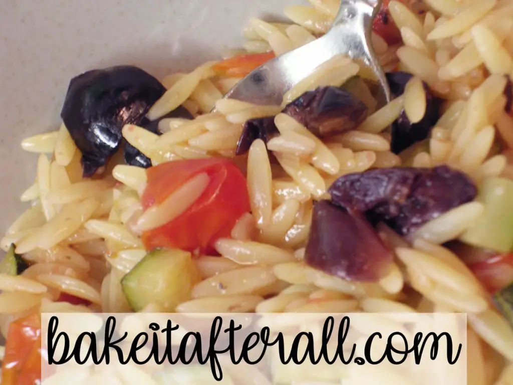 Tomato, Zucchini and Olive Orzo in a bowl