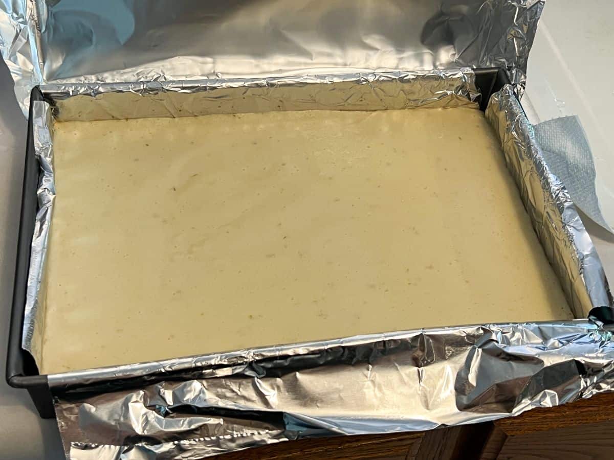 a pan of key lime bars before being cut