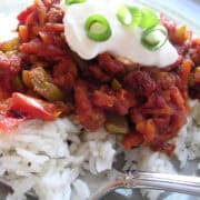 fancy turkey chili on a pile of white rice