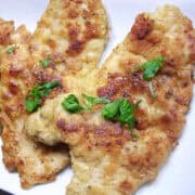 Chicken Francese on a white platter