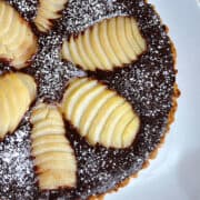 a top view of a chocolate pear tart