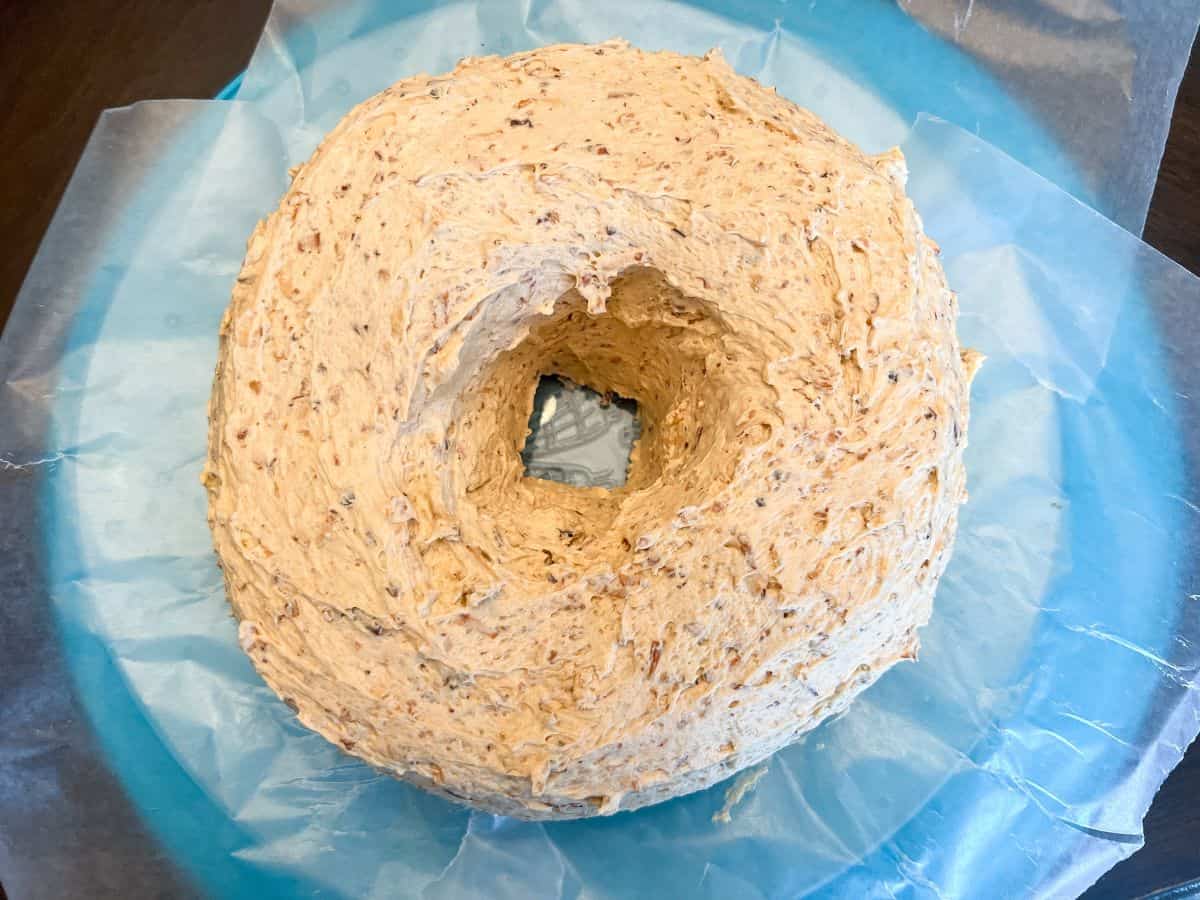 a Samoa Bundt cake covered in frosting