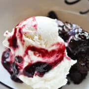 roasted cherry brownies with cherry port sauce in a bowl