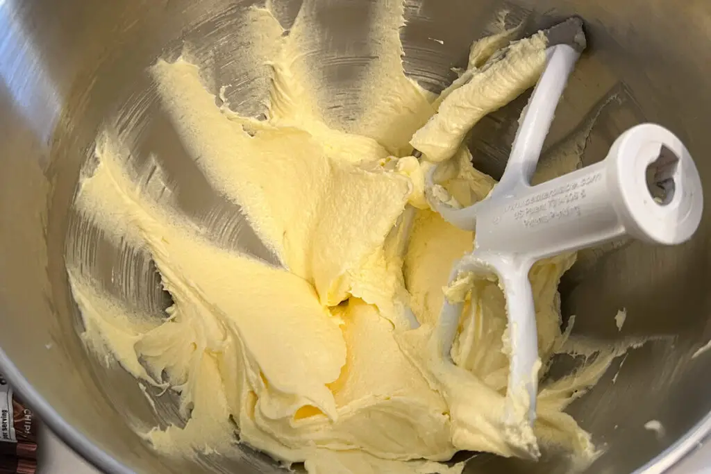 butter and sugar creamed together in the bowl of a stand mixer