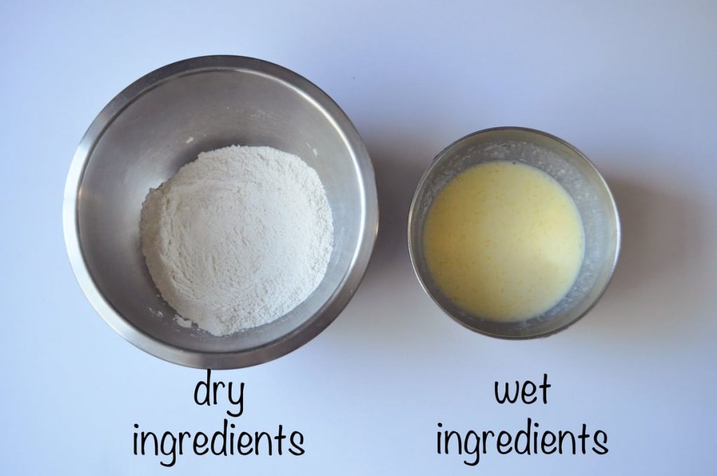 wet and dry ingredients for pancake batter