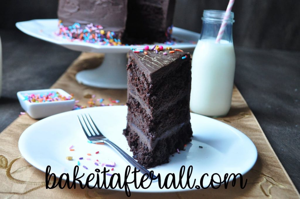 chocolate layer cake on a plate with a fork