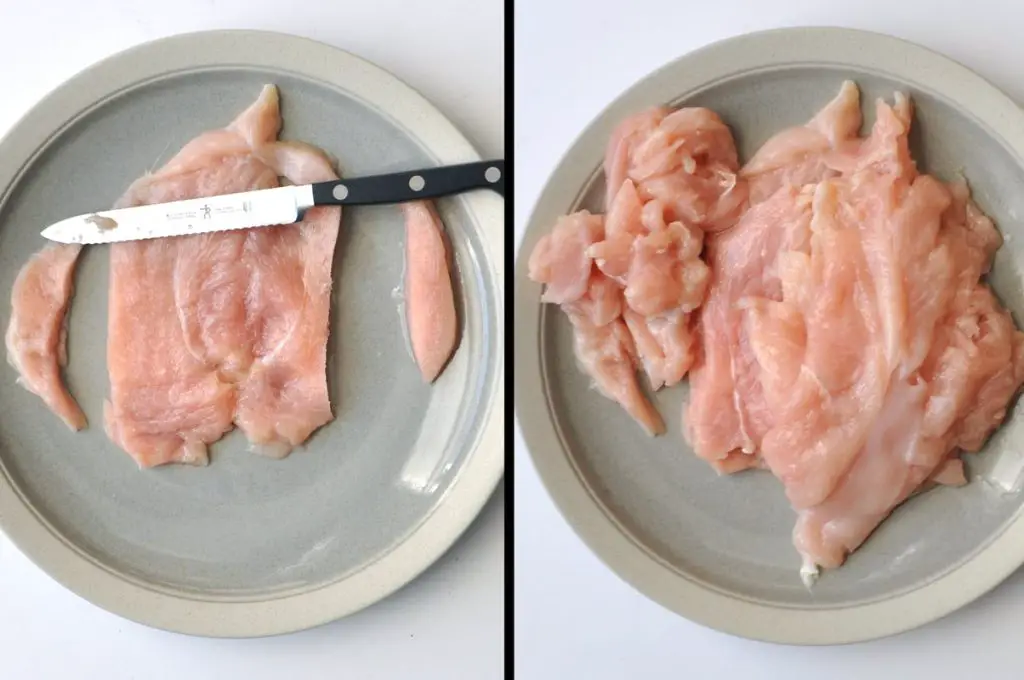 chicken breast with sides cut off on left, pile of chicken with trimmings on right