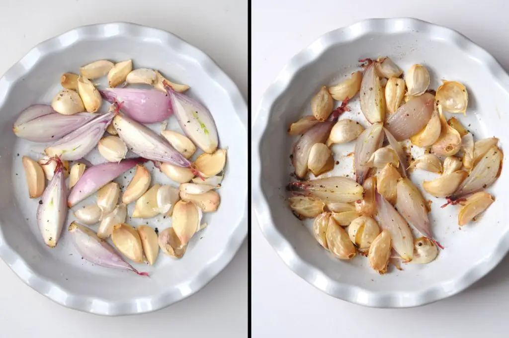 shallots and garlic before and after roasting