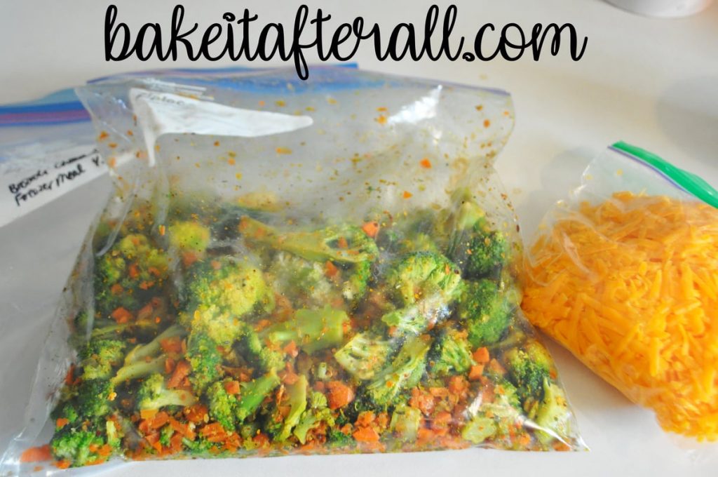 freezer meal bag with broccoli and vegetables