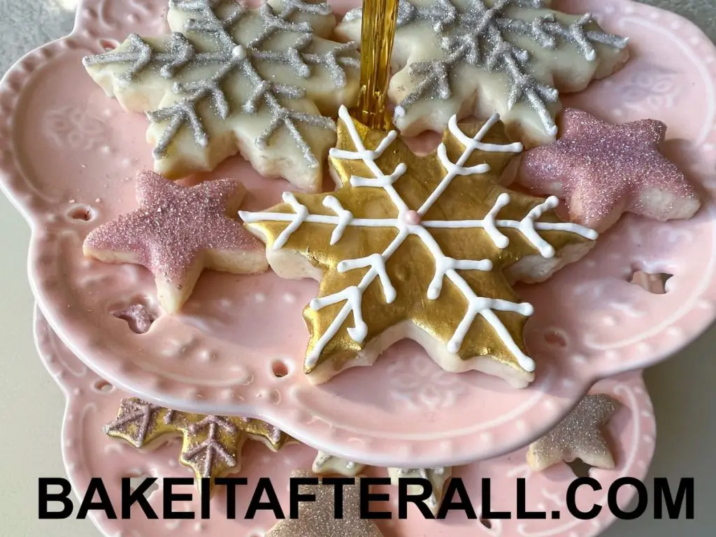 Painted Watercolor Cookies gold luster dust with royal icing on snowflake cookie