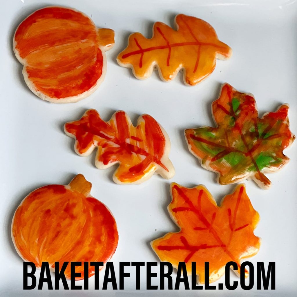 Painted Watercolor Cookies Pumpkins and Leaves