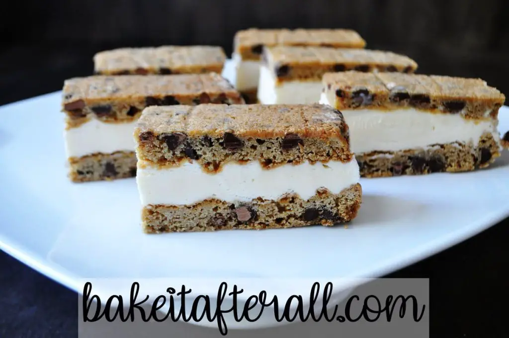 Chocolate Chip Cookie Ice Cream Sandwiches on a white platter