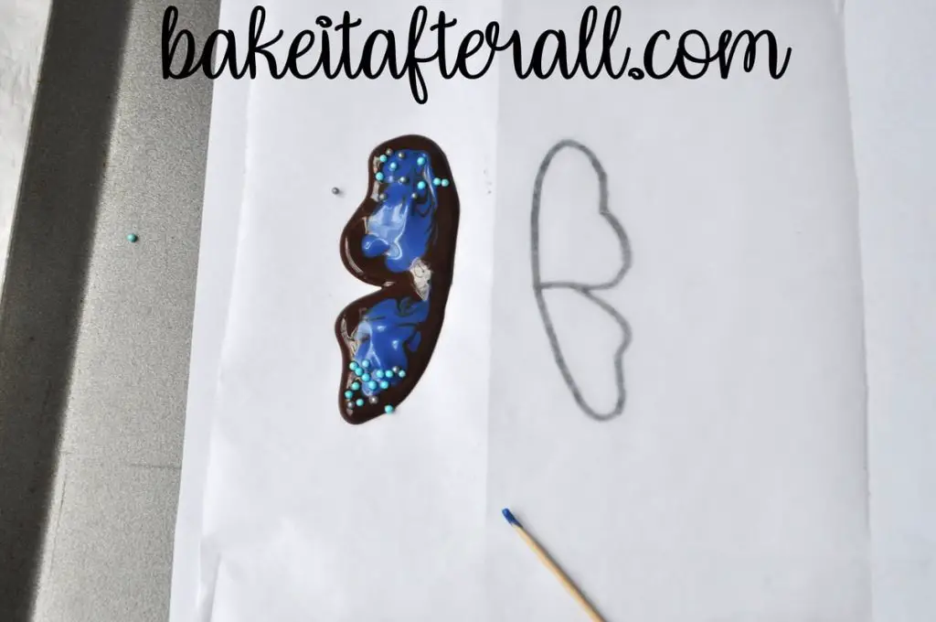 butterfly wing outlined with chocolate and filled with melted blue candy melts