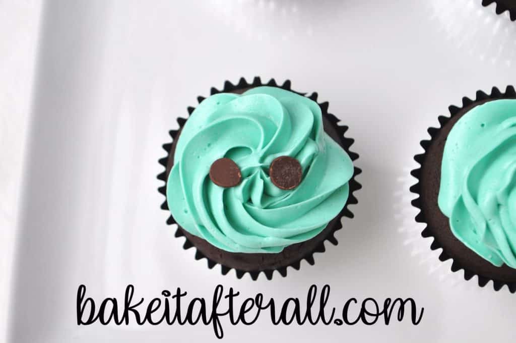 single cupcake with buttercream and 2 chocolate chips on top