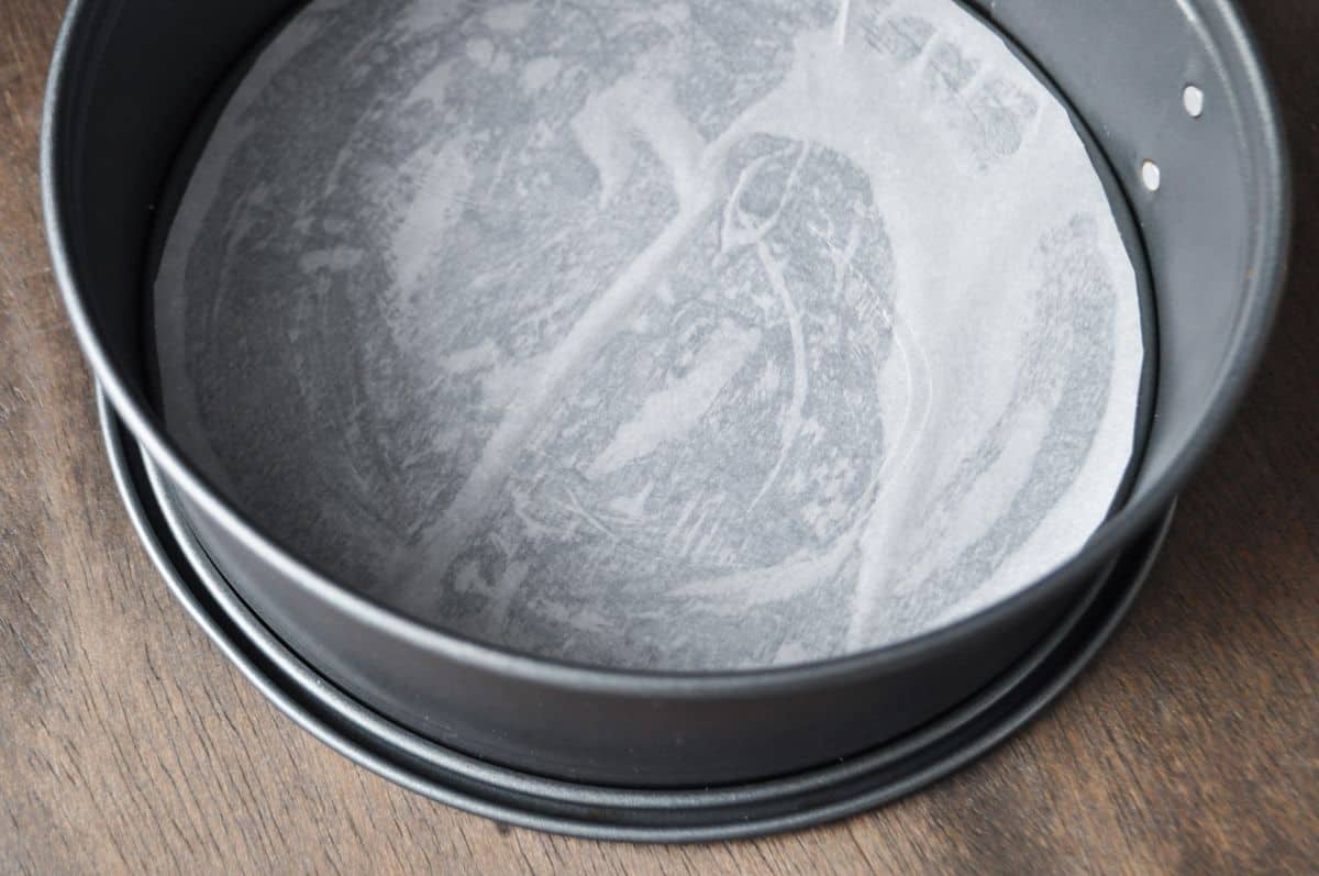 round springform pan with a parchment paper insert that is greased