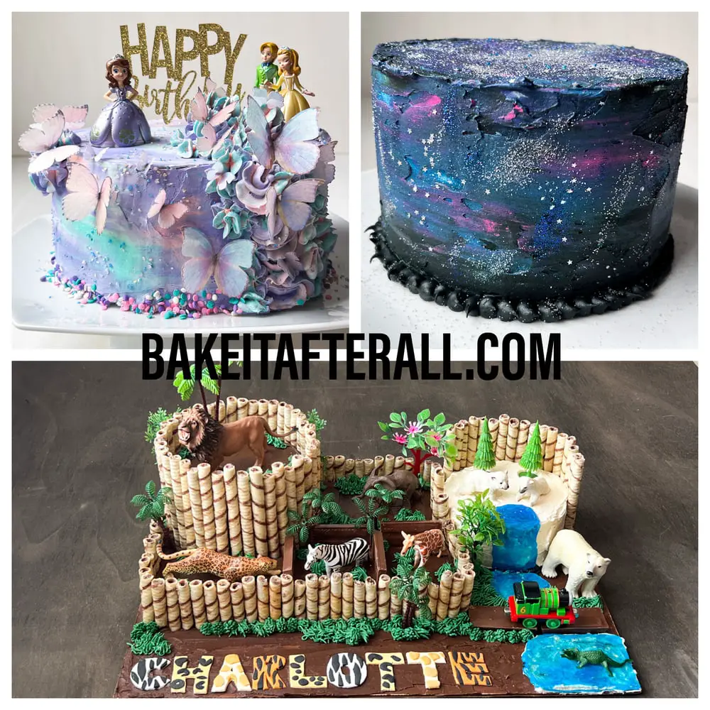 collage of Sofia the First cake, galaxy cake, and a zoo cake