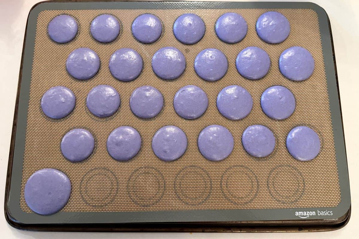 purple Nut Free French Macaron shells piped on a macaron mat