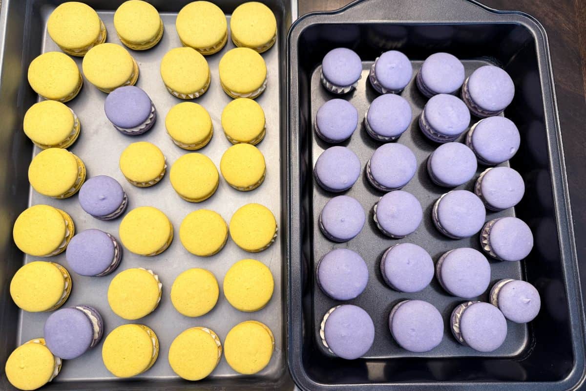 yellow and purple macaron sandwiches