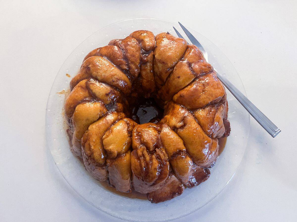 overnight monkey bread on a glass pan